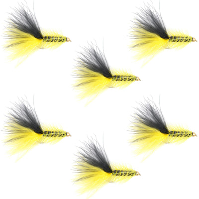 Premium Yellow and Black Bead Head Woolly Bugger Streamer Flies - 6 Pack for Trout Fishing - Size 4 - Korvel