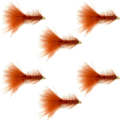 Premium Brown Bead Head Woolly Bugger Streamer Flies - Pack of 6 for Trout Fishing - Size 8 - Korvel