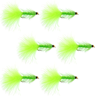 Chartreuse Bead Head Crystal Woolly Bugger Classic Streamer Flies - Set of 6 Trout Fly Fishing Flies - Hook Size 8