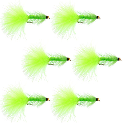Premium Chartreuse Bead Head Woolly Bugger Streamer Flies - Pack of 6 for Trout Fishing - Size 4 - Korvel