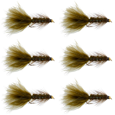 Premium Dark Olive Bead Head Woolly Bugger Streamer Flies - 6 Pack for Trout Fishing - Size 8 - Korvel