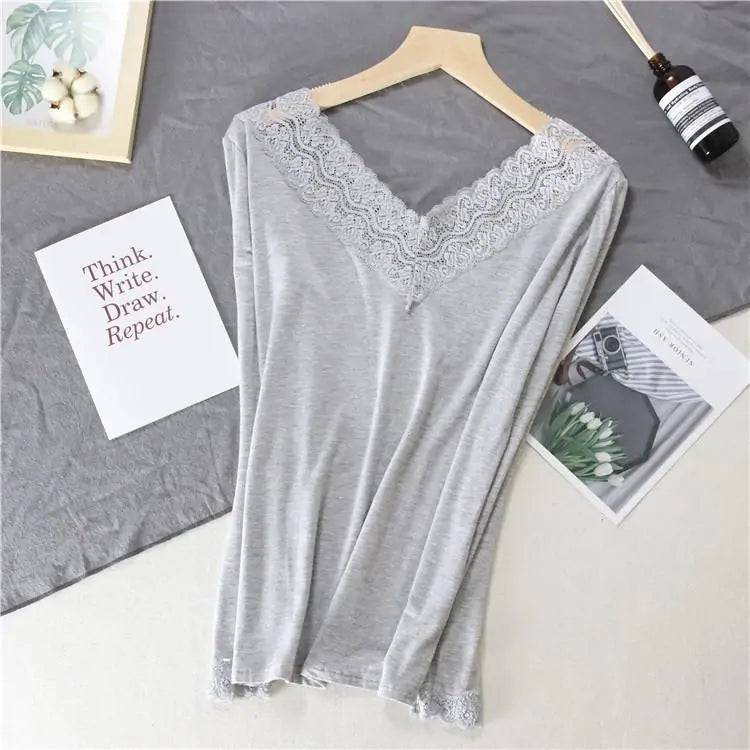 Top Térmico Slim de Manga Larga con Encaje en V para Mujeres