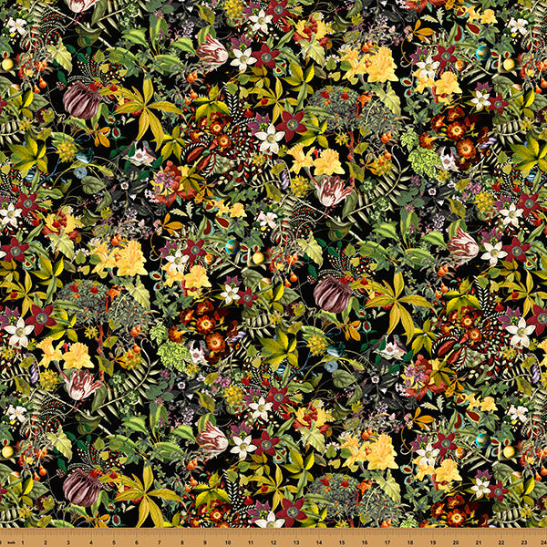 Tela de Algodón Negra con Flores - 43"/44" por Yarda