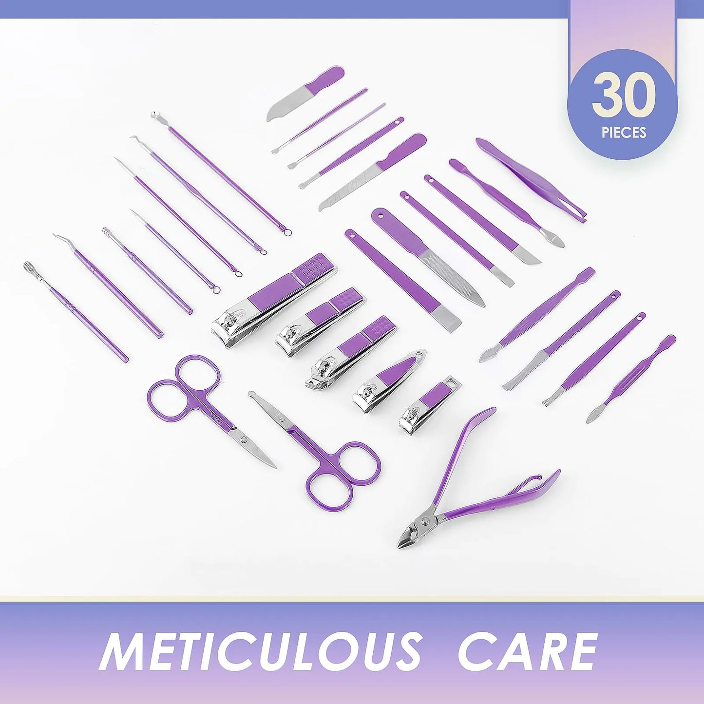 Juego de Manicura Profesional de 30 Piezas - Kit de Uñas de Acero Inoxidable en Púrpura