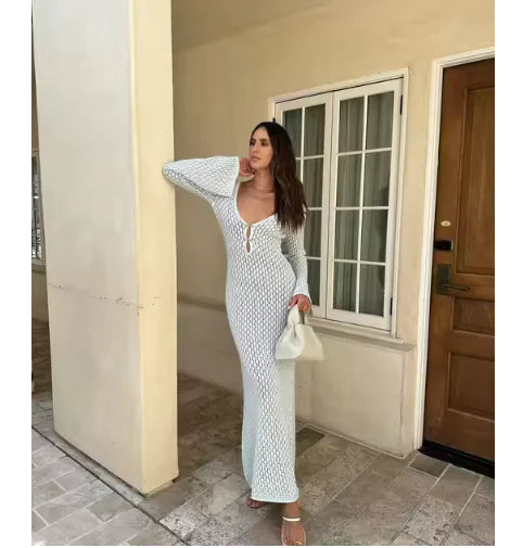 Robe de Plage Tricotée Élegante à Col V Transparent – Couverture à Manches Longues
