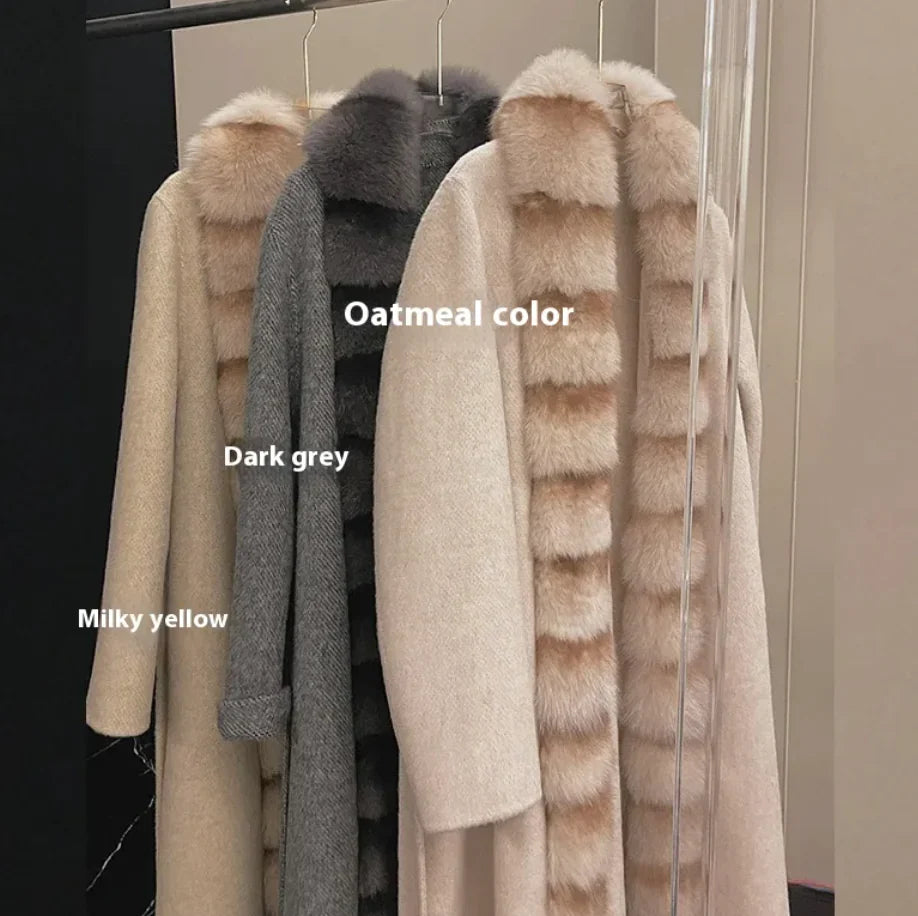 Abrigo de Fleece de Alpaca Lujo con Cuello de Piel de Zorro Desmontable