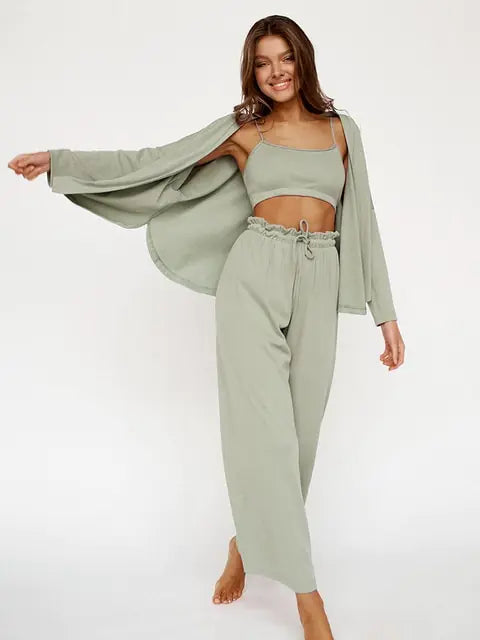 Ribbed Drop Sleeves Women's Sleepwear Set
