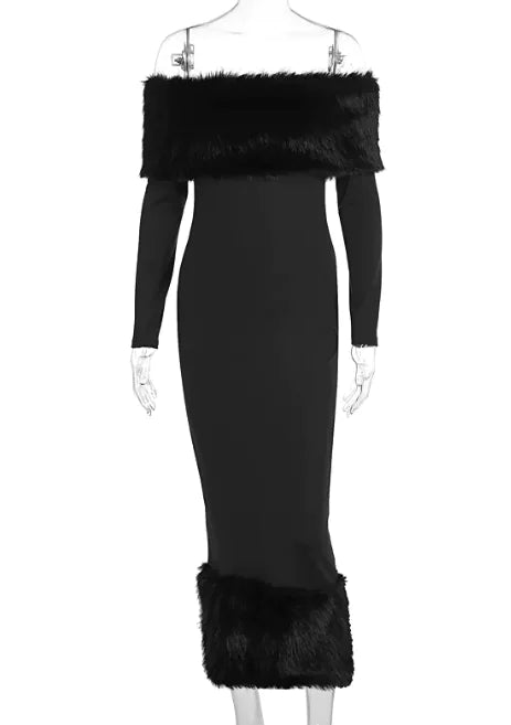 Vestido Ajustado con Cuello de Piel