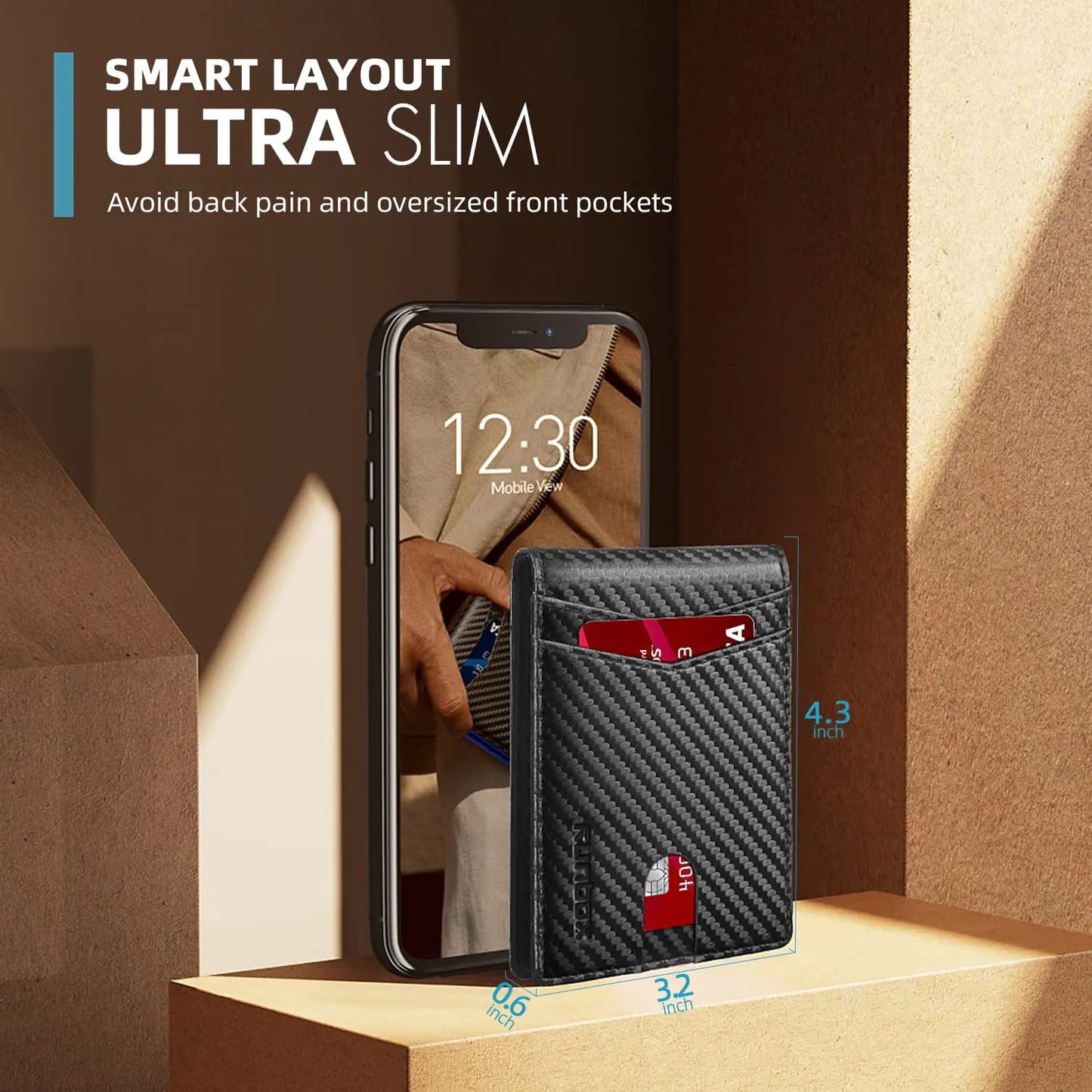 Cartera delgada RUNBOX RFID de cuero para hombres con caja de regalo - Negro carbón