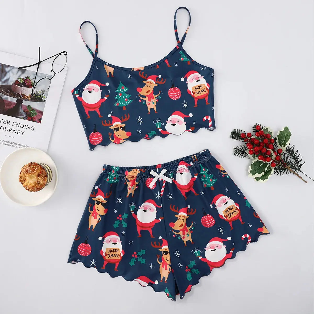 Ensemble de Pyjama Sans Bretelles pour Femmes à Thème de Noël