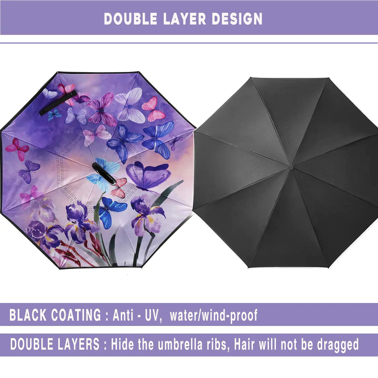 SIEPASA Inverted Reverse Umbrella - Blue Butterfly Design