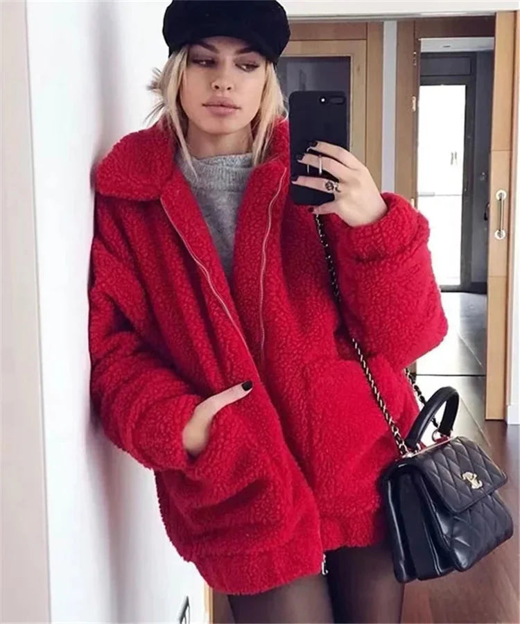 Autumn & Winter Lamb Hair Pocket Cotton Coat