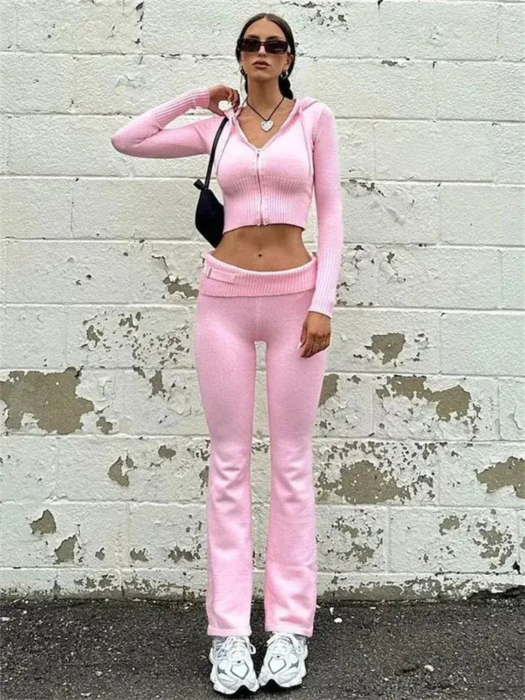 Ensemble de Haut Court à Capuche Tricoté Chic et Pantalons