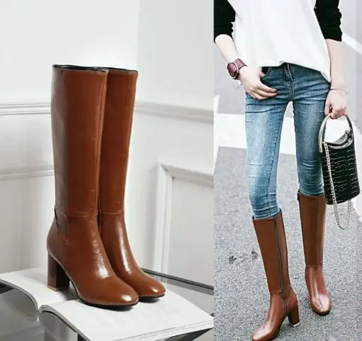 Bottes rétro à bout carré pour femmes avec fermeture éclair latérale