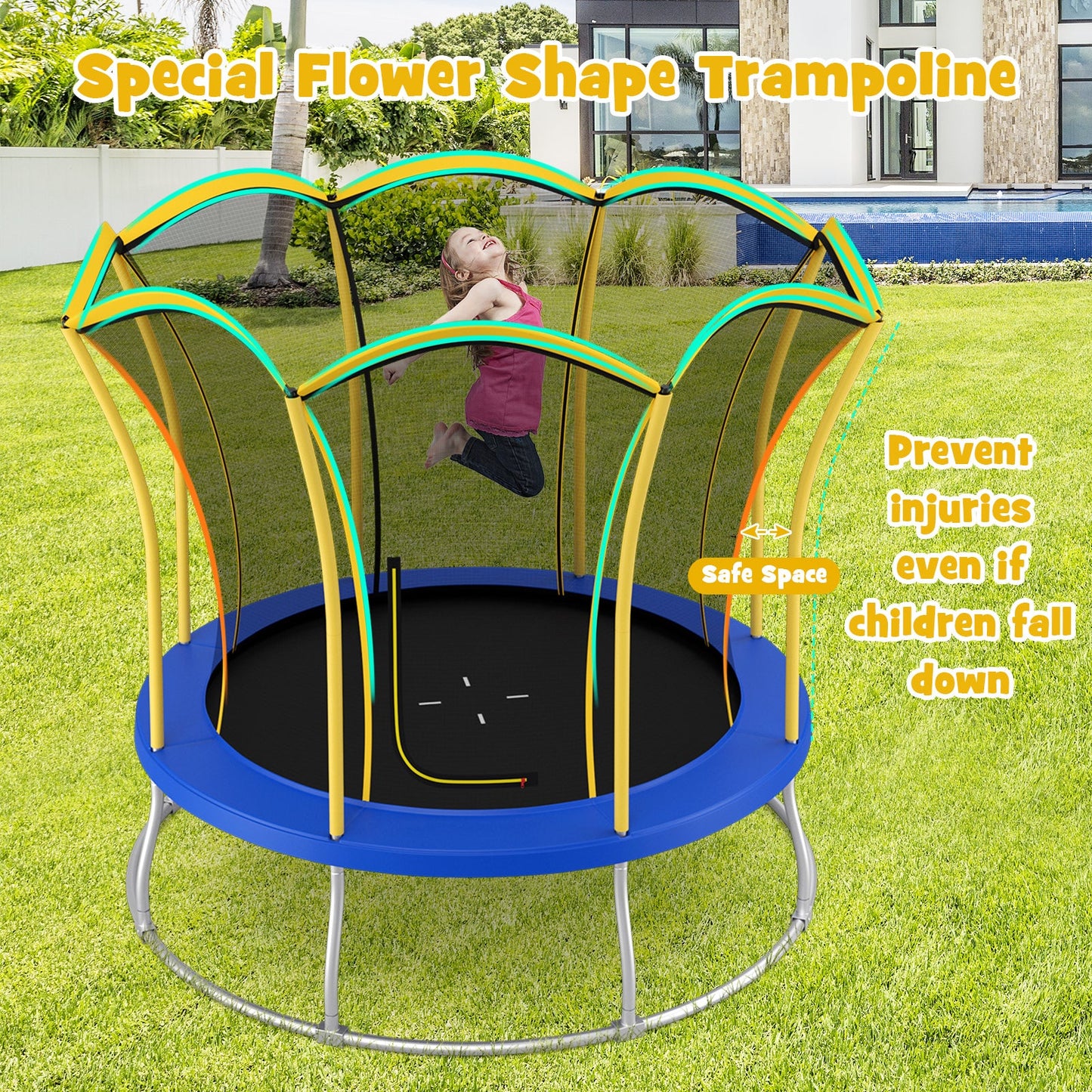 Trampolín Único en Forma de Flor de 10 Pies con Estructura de Acero Galvanizado - Amarillo