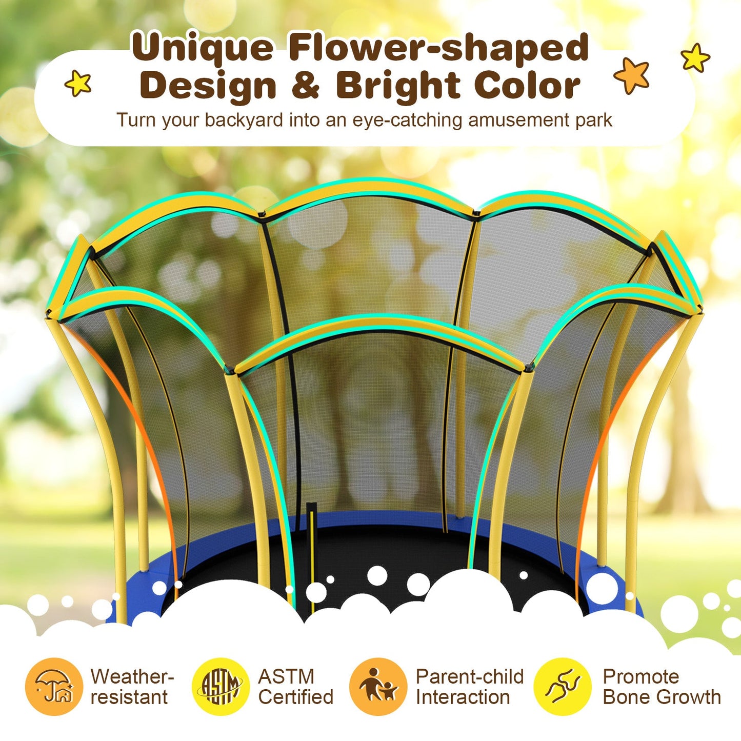 Trampoline de 8 pieds en forme de fleur pour extérieur avec filet de sécurité - Jaune