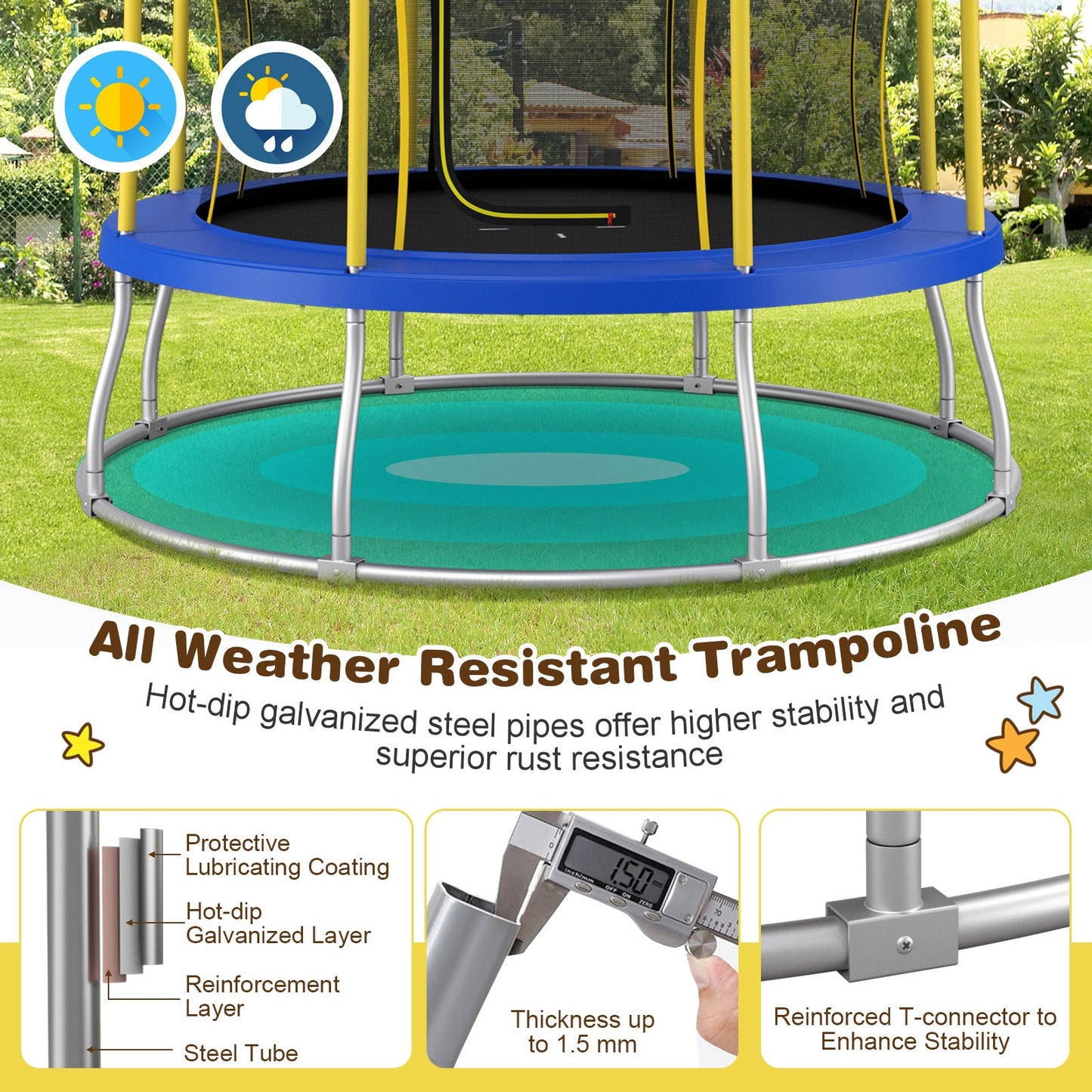Trampoline de 8 pieds en forme de fleur pour extérieur avec filet de sécurité - Jaune