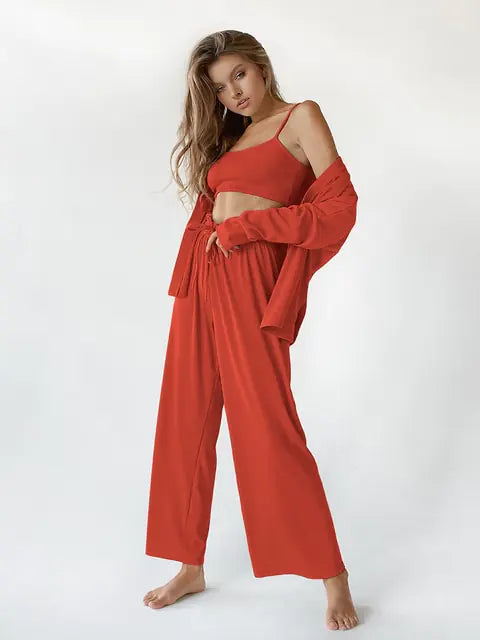 Ribbed Drop Sleeves Women's Sleepwear Set