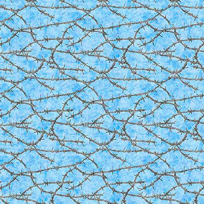 ¡Yippie Ki Yay! Tela de Algodón Azul Claro con Alambre de Púas - 44"/45" por Yarda