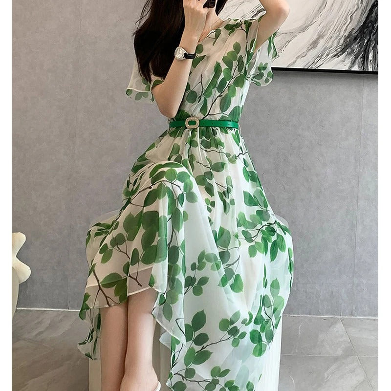 Robe midi à imprimé feuilles pour femmes en été