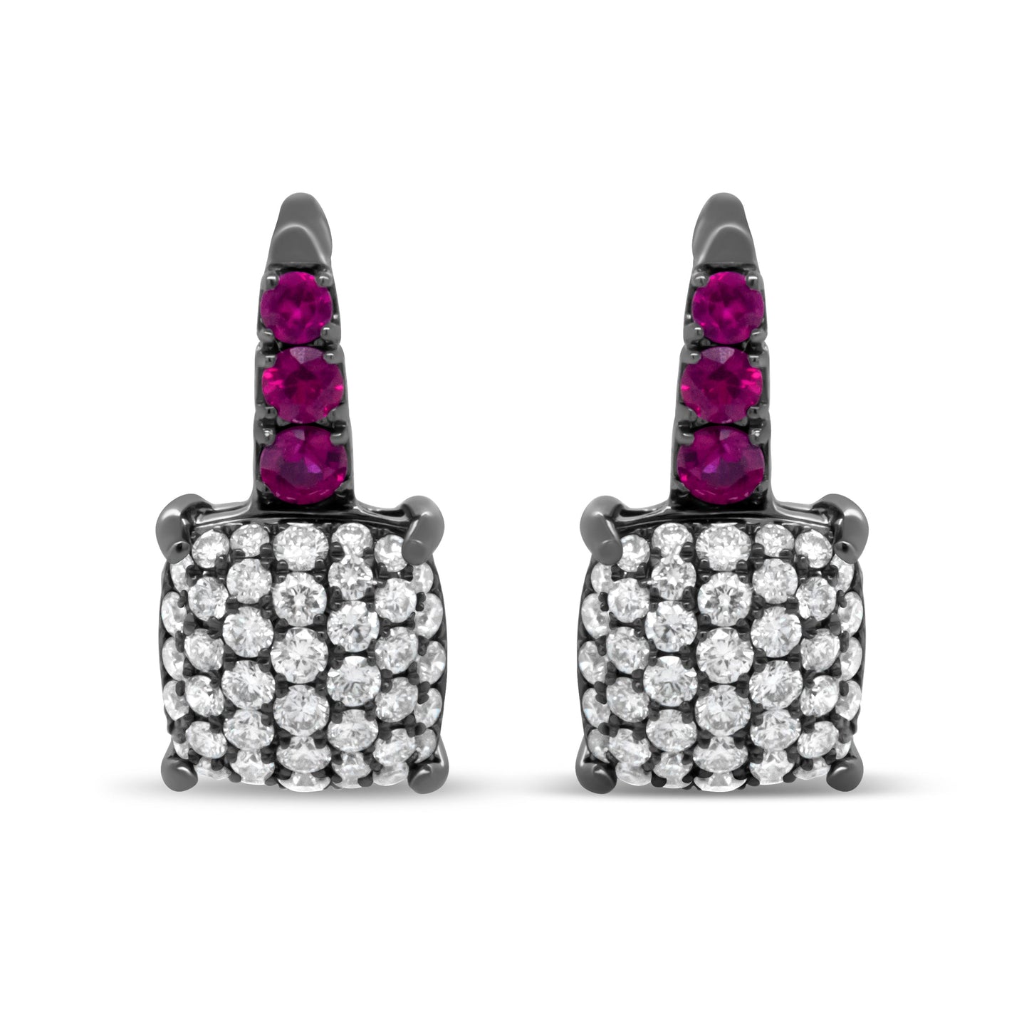 Elegant Black Rhodium Plated 18K White Gold Diamond & Ruby Drop Earrings