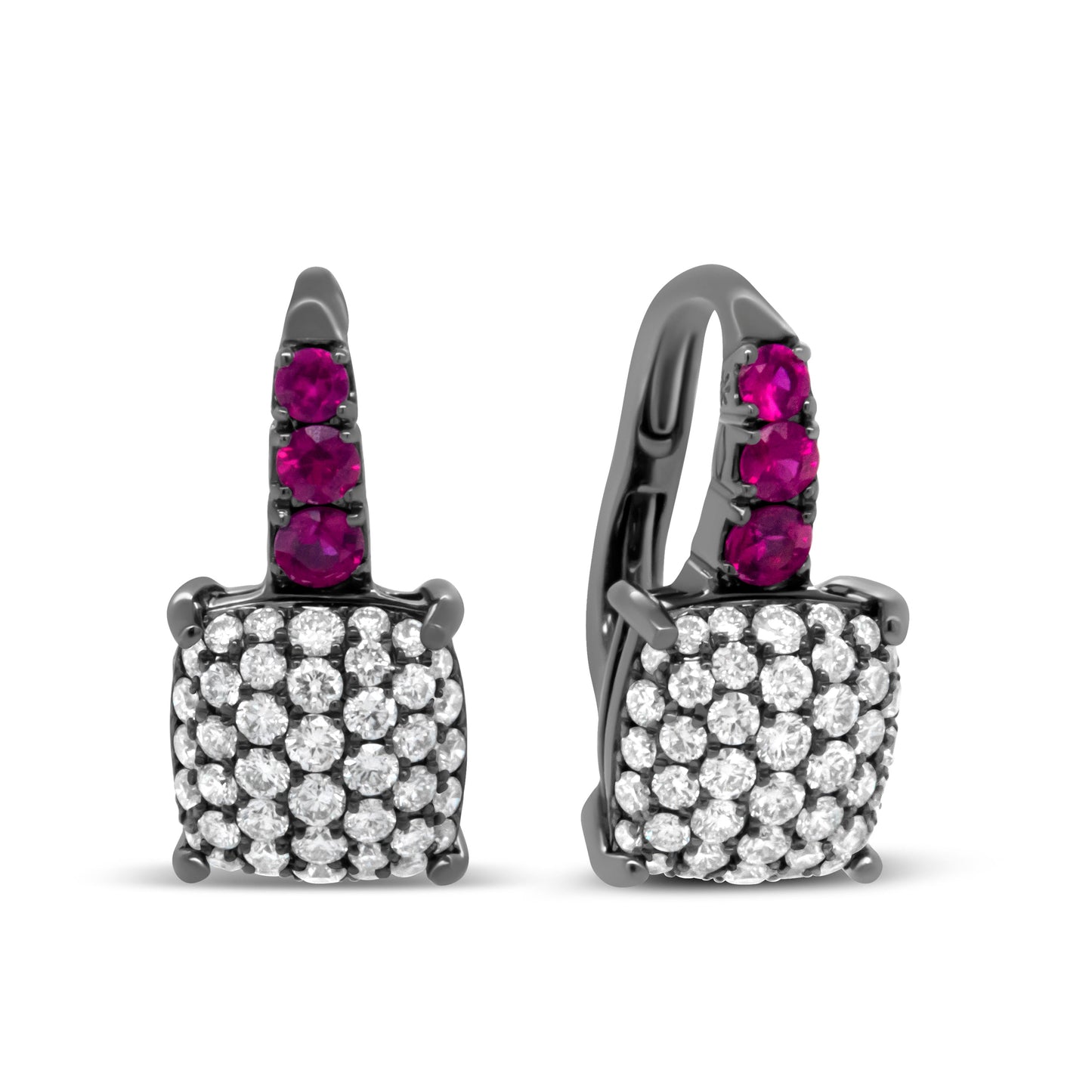 Elegant Black Rhodium Plated 18K White Gold Diamond & Ruby Drop Earrings