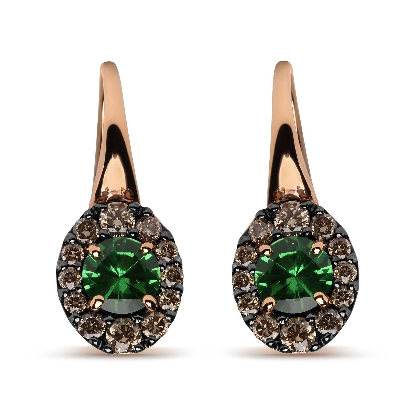 Boucles d'oreilles créoles en or rose et blanc 18K avec diamants bruns et tsavorite verte