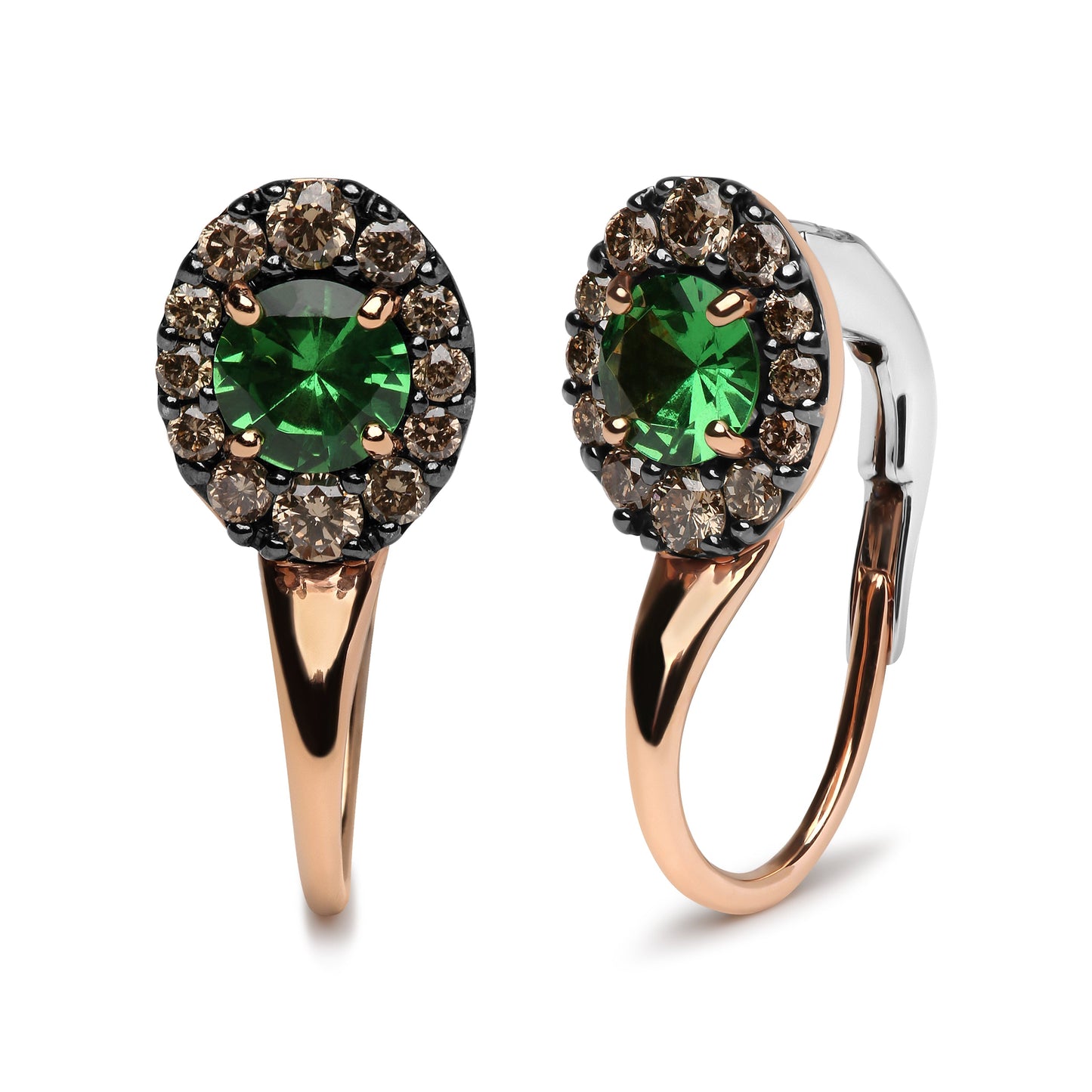 Boucles d'oreilles créoles en or rose et blanc 18K avec diamants bruns et tsavorite verte