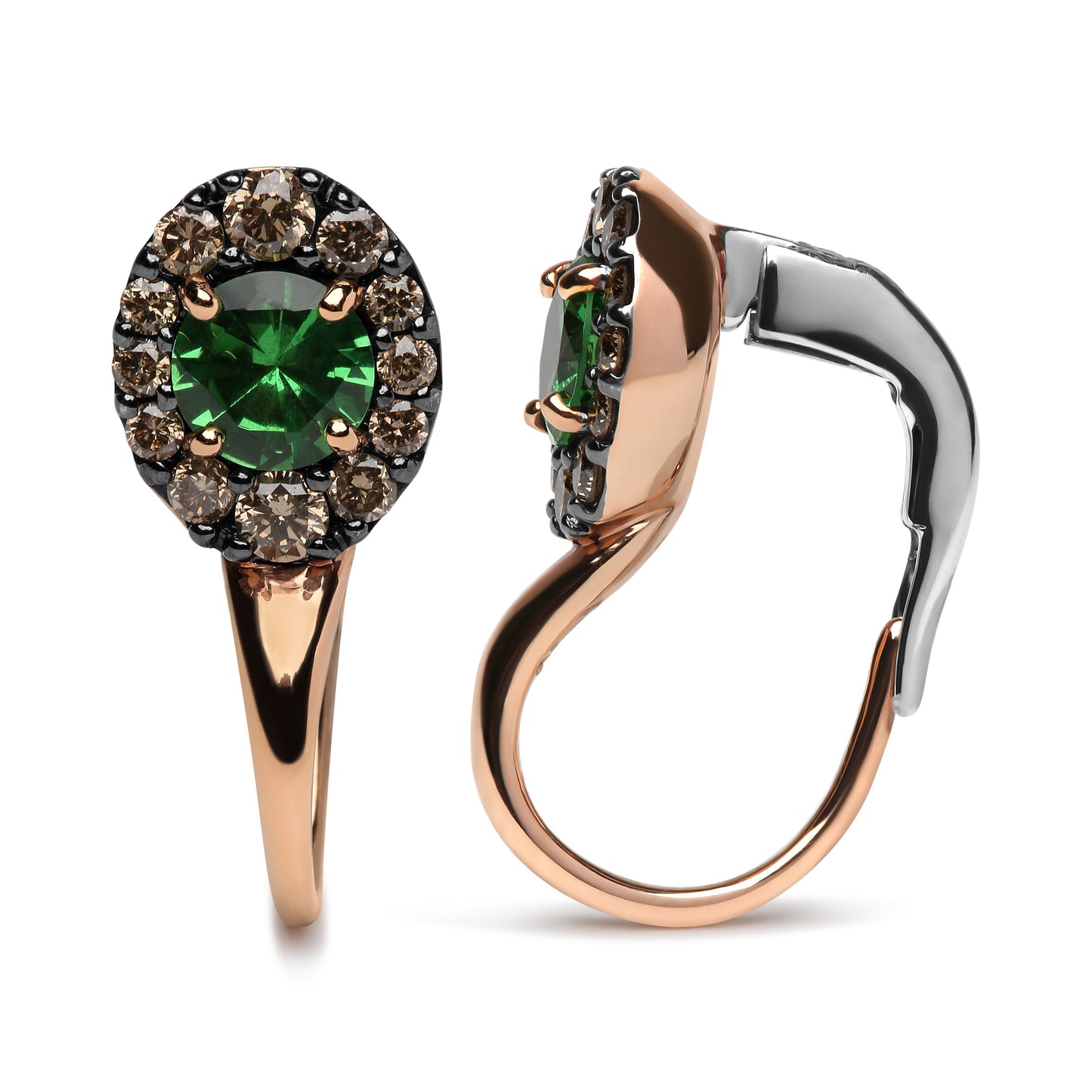 Boucles d'oreilles créoles en or rose et blanc 18K avec diamants bruns et tsavorite verte