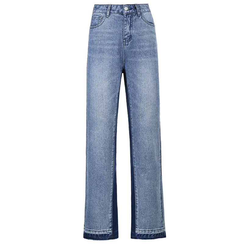 Jeans taille haute à jambe droite avec surpiqûres contrastées