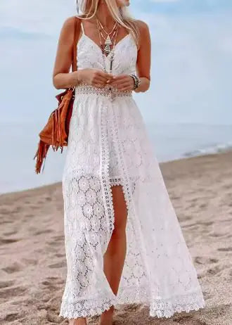Elegant White Boho Lace Maxi Dress