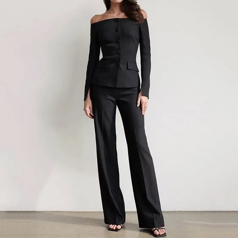 Ensemble Pantalon à Manches Longues en Couleur Unie pour Femmes