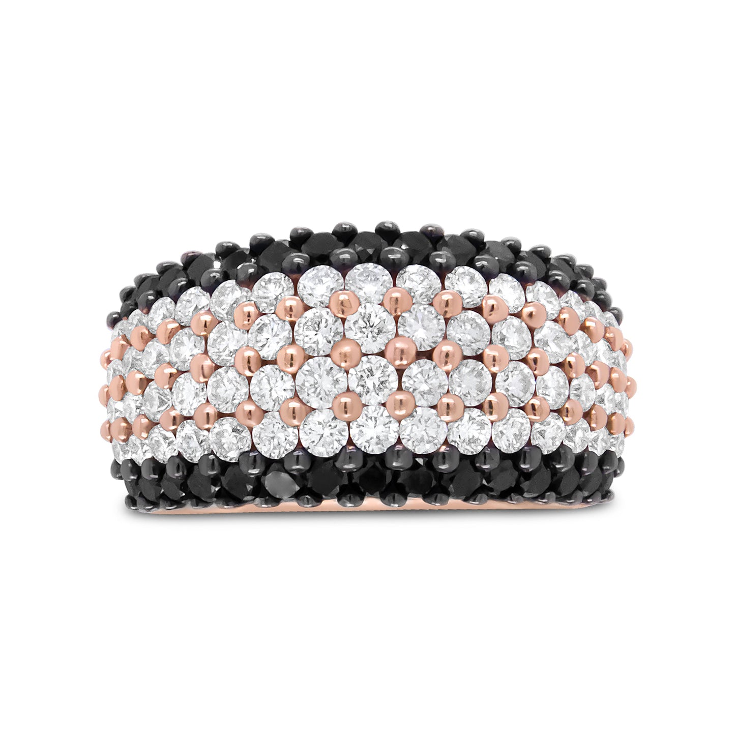 18K Rose Gold Black and White Diamond 6 Row Band Ring - Size 7