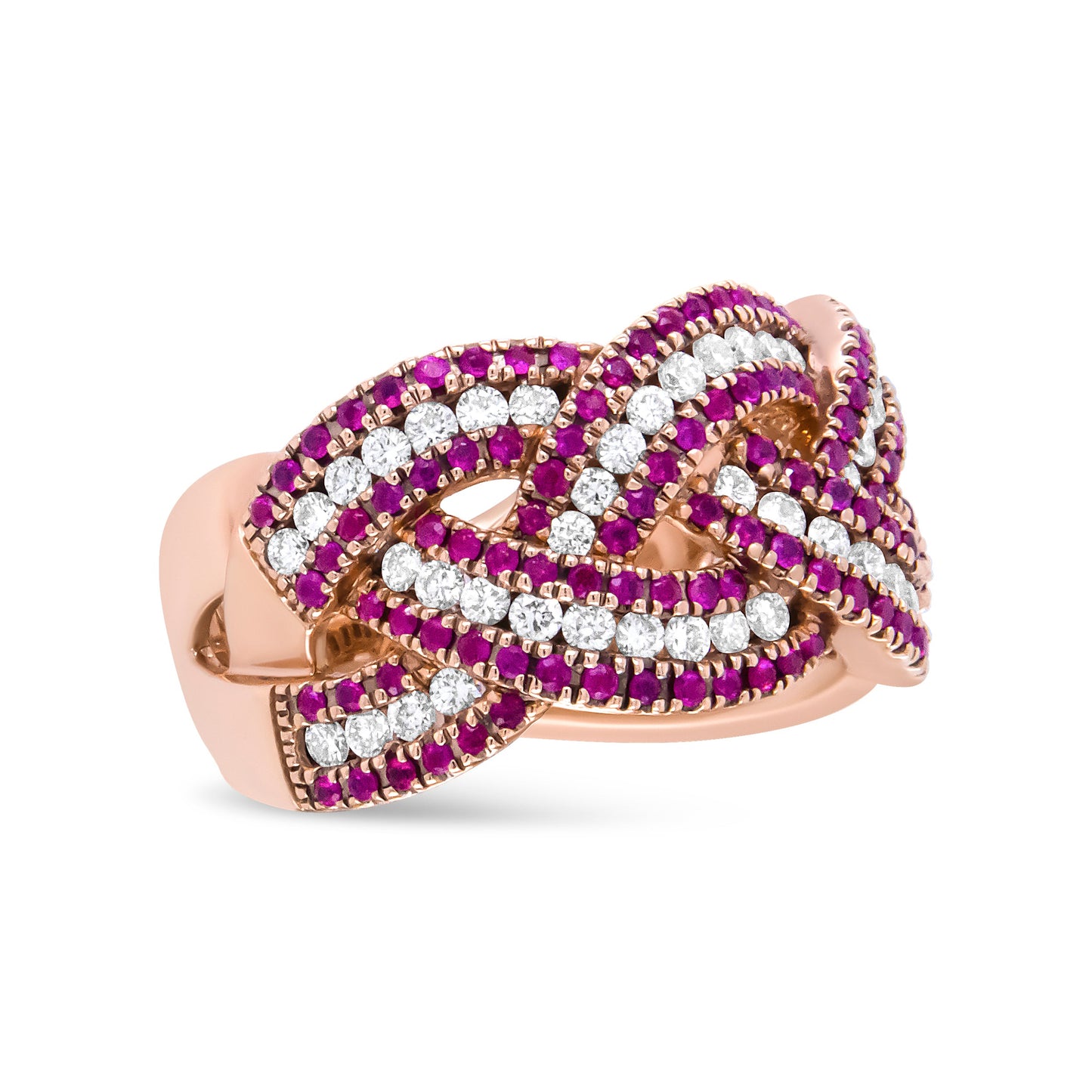 Bague tressée en or rose 18K avec rubis et diamants - Taille 7