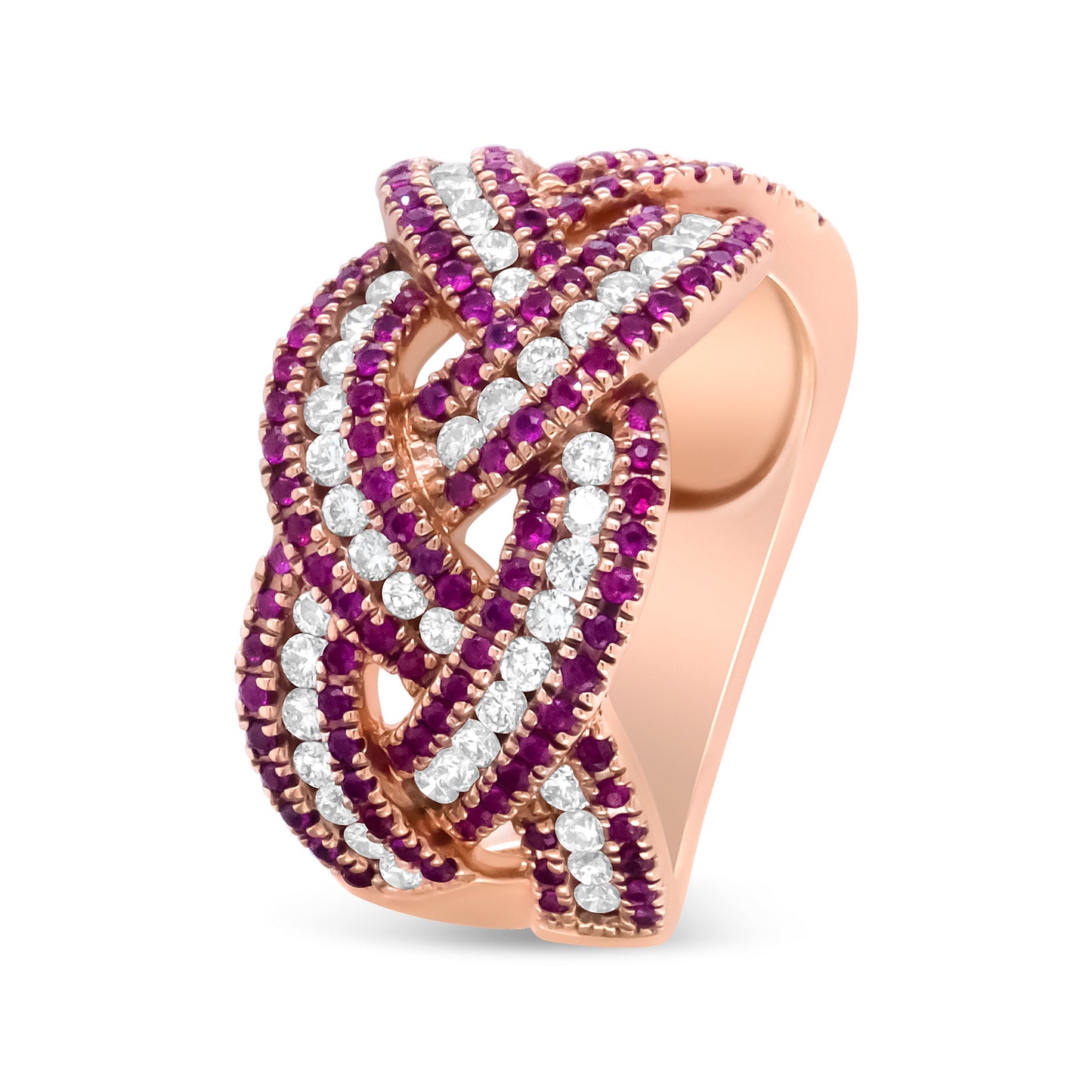 Bague tressée en or rose 18K avec rubis et diamants - Taille 7