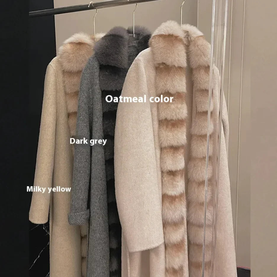 Abrigo de Fleece de Alpaca Lujo con Cuello de Piel de Zorro Desmontable