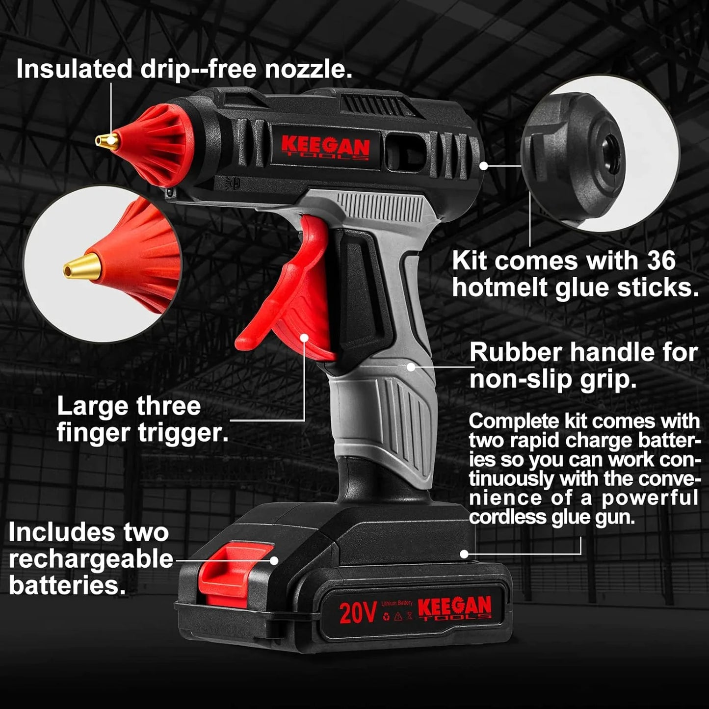 Cordless 20V Hot Melt Glue Gun Kit with Rechargeable Batteries