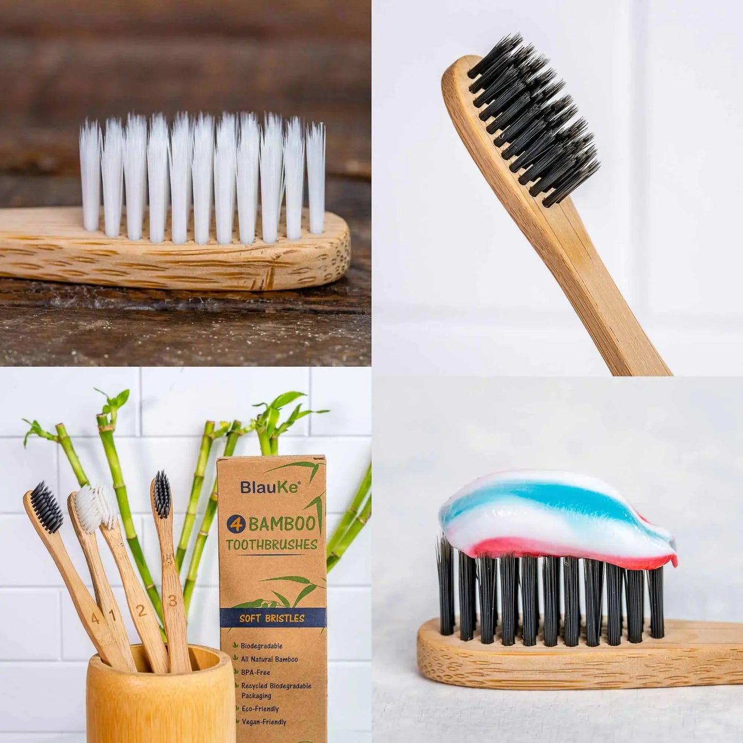 Juego de cepillos de dientes de bambú ecológicos - 4 unidades con cerdas suaves