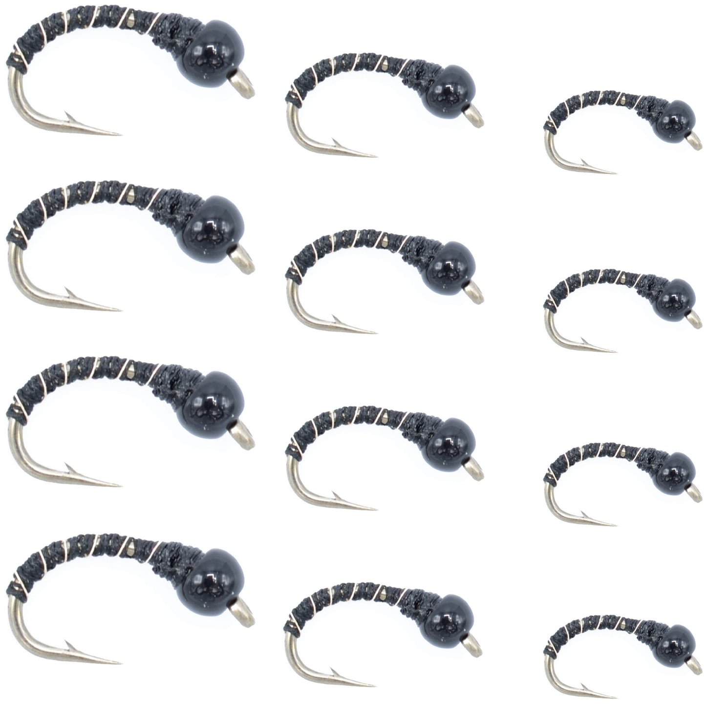 Premium Black Zebra Midge Fly Assortment - 12 Pack with Bead Heads - Sizes 14, 16, 18 for Tailwater & Lakes - Korvel