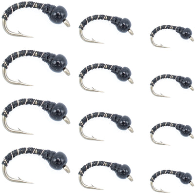 Premium Black Zebra Midge Fly Assortment - 12 Pack with Bead Heads - Sizes 14, 16, 18 for Tailwater & Lakes - Korvel