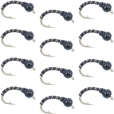 Premium Black Zebra Midge Nymph - Bead Head - 12 Pack - Size 16 - Ideal for Tailwater & Lake Fishing - Korvel
