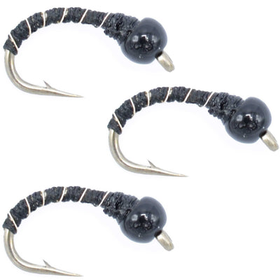 3 Pack Bead Head Black Zebra Midge Still Water Nymph Fly Hook Size 24 - Korvel