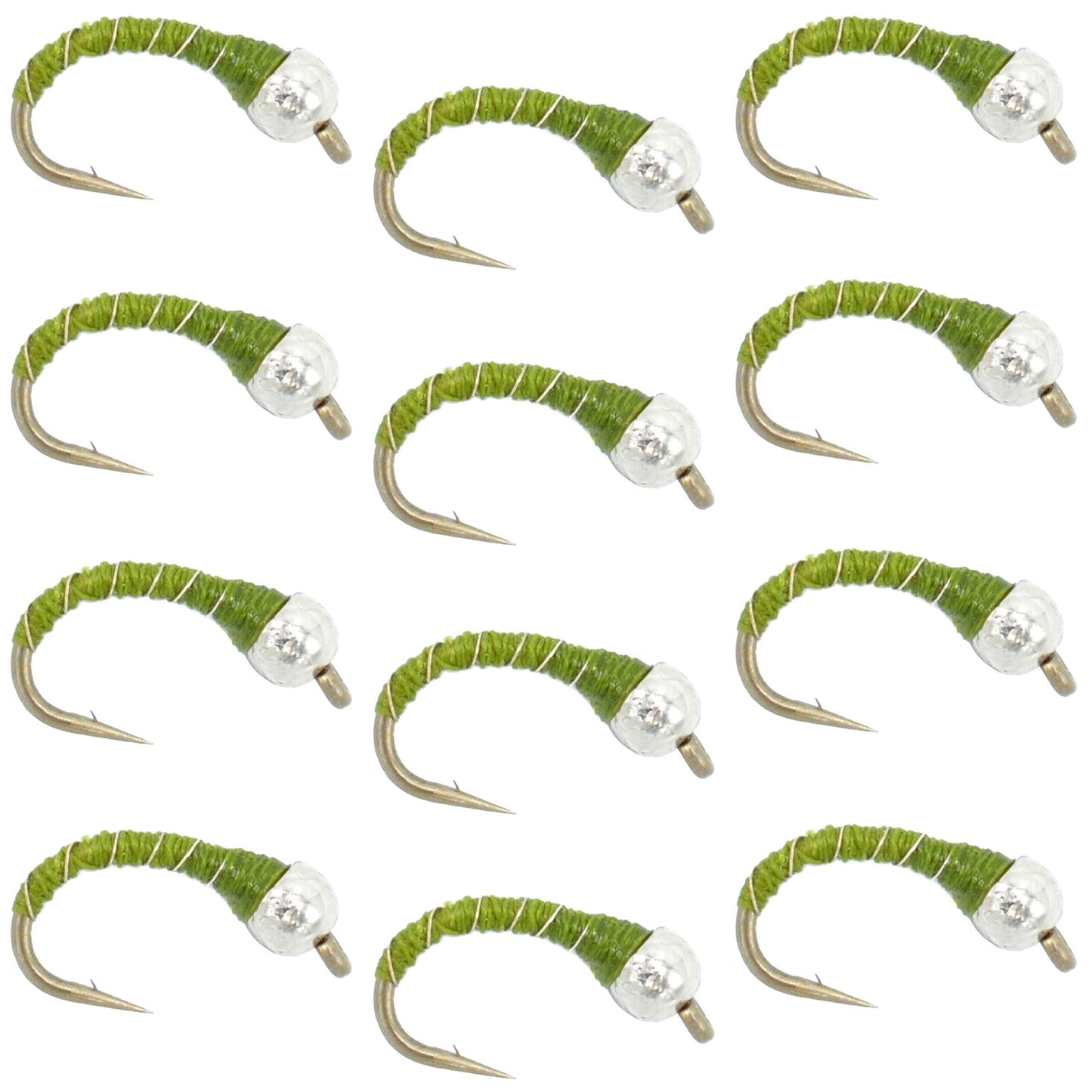 Bead Head Olive Zebra Midge Still Water Nymph 1 Dozen  Hook Size 14 - Korvel