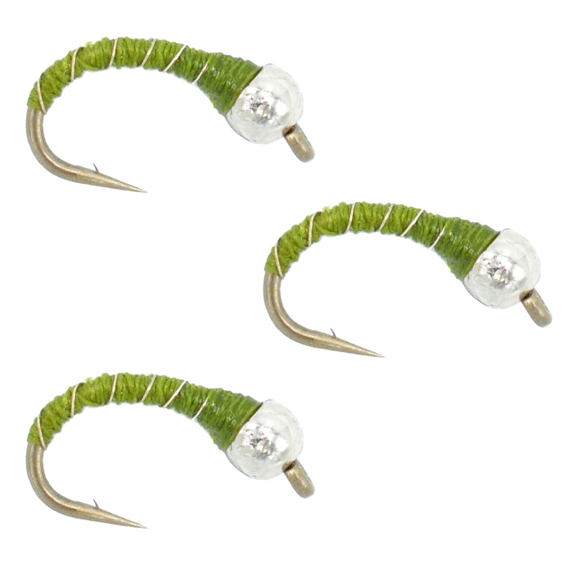 3-Pack Olive Zebra Midge Nymphs - Size 14 Bead Head Flies for Trout Fishing - Korvel