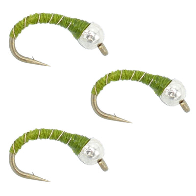 3-Pack Olive Zebra Midge Nymphs - Size 14 Bead Head Flies for Trout Fishing - Korvel