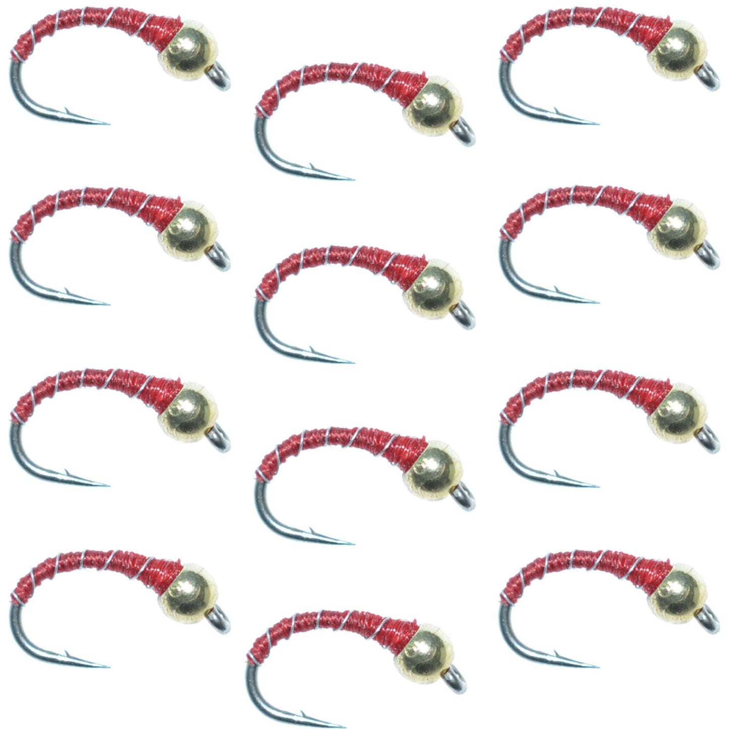 Nymphe Midge Zebra Rouge à Tête Perlée - 1 Douzaine de Mouches, Taille 20
