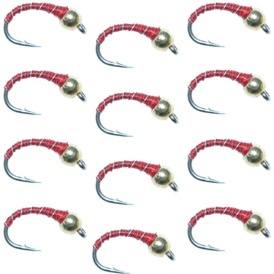 Premium Bead Head Red Zebra Midge Nymphs - 12 Pack, Size 14 - Korvel