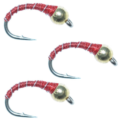 3-Pack Red Zebra Midge Bead Head Nymphs - Size 18 for Trout Fishing - Korvel