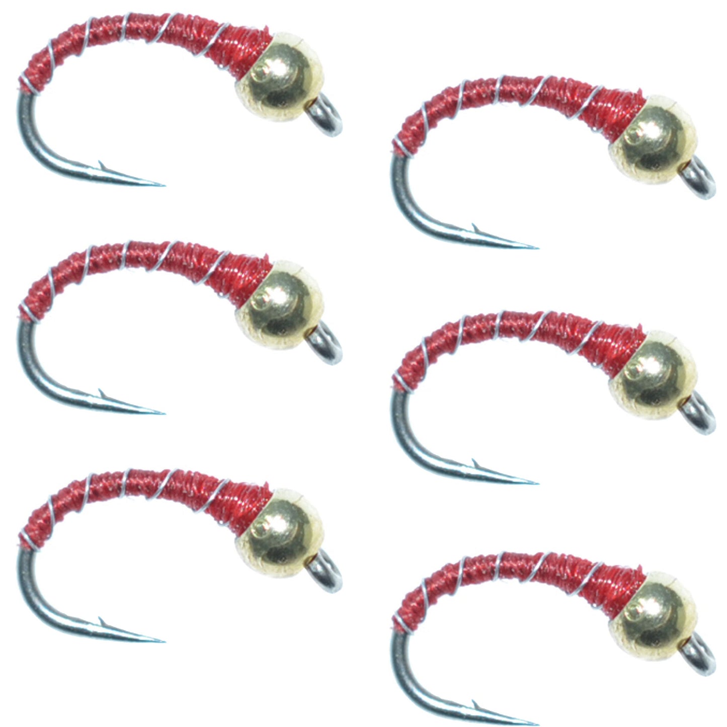 Red Zebra Midge Bead Head Nymph Flies - Size 14 (Pack of 6) - Korvel