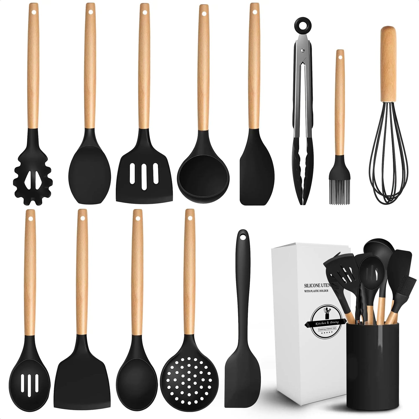 Ensemble d'ustensiles de cuisine en silicone premium de 14 pièces - Noir